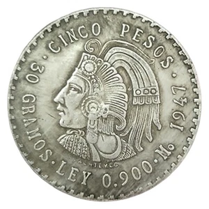 Mexico 1947 Silver Cuauhtemoc Five Peso Coin - Picture 1 of 10