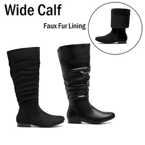 Womens Wide Calf Faux Fur Slouchy Low Heel Side Zip Knee High Boots Pull On - Picture 1 of 20