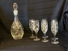Etched Crystal Decanter with Six Glasses Floral and Rhinestone Accents Bridal 