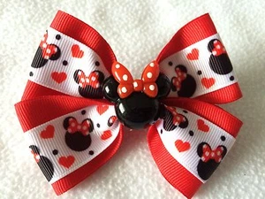 Girls Hair Bow 4" Wide Minnie Mouse Hearts Ribbon Red Flatback Alligator Clip - Picture 1 of 2