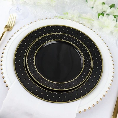 10 Black 10" Round Disposable Salad PLASTIC PLATES Gold 3D Dots Trim Party Event - Image 1 of 4