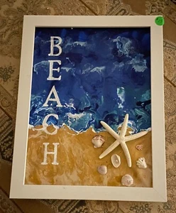 Hand Painted "Beach" Wall Hanging with Genuine Sea Shells - Nautical Decor - Picture 1 of 1