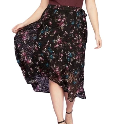 Lane Bryant Mock Wrap Black Floral Lace Skirt Hi Low Midi Size 22/24 - Image 1 of 4