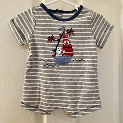 Mud Pie Sailboat Seagull Applique Shortall Romper Striped Boys SZ 3-6 Months NWT - Image 1 of 4