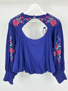 FREE PEOPLE NWT Lita Boho Embroidered Floral Cotton Linen Sz M Blue Women's Top - Picture 1 of 6