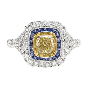 Anillo Art Deco de diamantes amarillos de oro de 18 k y zafiro azul AAA de 1,21 - Imagen 1 de 9