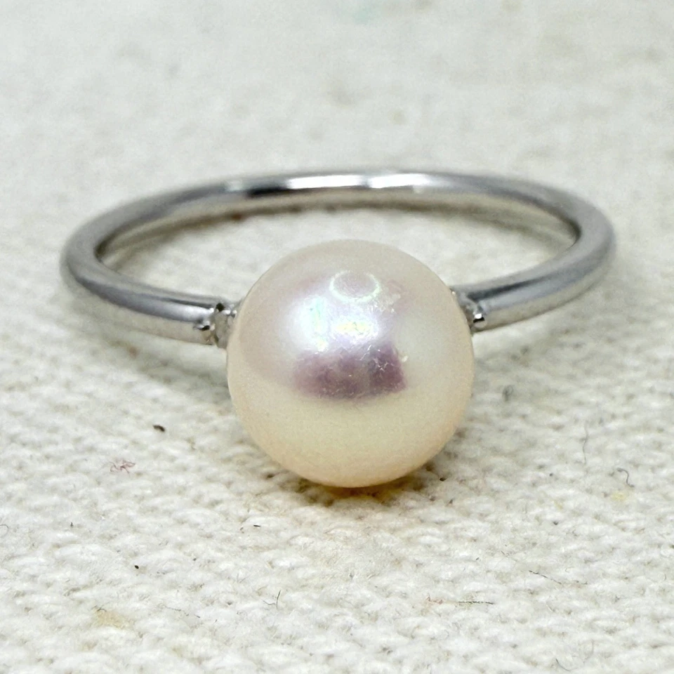 14k White Gold Pearl Ring Diamond Accents Size 7 Marked 585 - Image 1 of 4