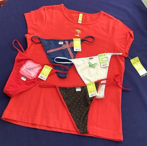 HUE lot Teeshirt Sleep Top G-String Thong Panties sz M red blue hearts palm tree - Picture 1 of 11