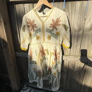 Women’s Gauzy Tunic Ivory Embroidered Floral 3/4 Sleeve Midi Dress Boho Sz L - Picture 1 of 13