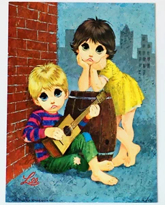 Vtg Big Eyes Girl Boy w Gutiar by Lee Art Litho Print Music Mod 60s MCM Unframed - Picture 1 of 3