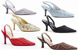 Damen Elegant Stickerei SlingBack Mittelhoher Absatz Schuhe Blau Rot Schwarz Beige Grau Gold - Bild 1 von 9