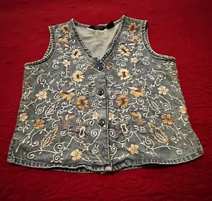 VTG AGAPO DENIM WOMENS VEST EMBROIDERED FLOWERS SIZE S - Picture 1 of 10