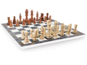Gris Marbre Optique Échec Jeu Avec Massif Bois Figurines D'Échecs - Picture 1 of 5