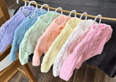 baby clothes, cardigan, hand knitted, new. 0-3 months size in seven colours