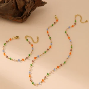 Colorful Crystal Stone Beaded Bracelet Necklace Set Women Clavicle Chain - Picture 1 of 15