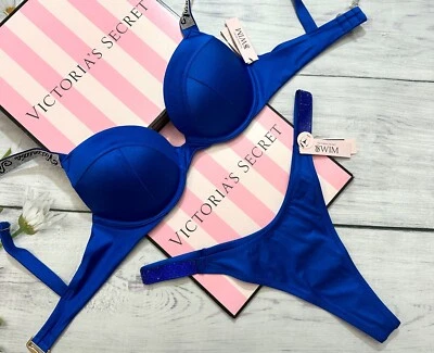 Victoria's Secret Swim Shine Strap Sexy Tee Push-Up Bikini Blue Strap Thong Set - Image 1 of 4