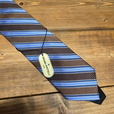 Corbata para hombre Bruno Piattelli marrón azul a rayas clásica seda hecha a mano Foto 1 de 4