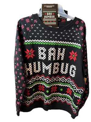 Рождественский женский (Jrs) уродливый свитер размер XL (15-17) Bah Humbug черный с шапочкой - Изображение 1 из 4