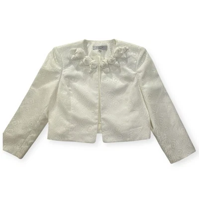 Kasper Womens Sz 8 White Open Front Jacket Floral Jacquard Pattern Floral Detail - Image 1 of 4