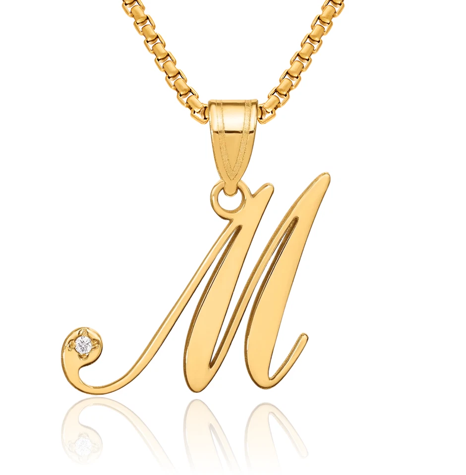 Collar de diamantes con inicial letra M de oro amarillo macizo de 14K Foto 1 de 1