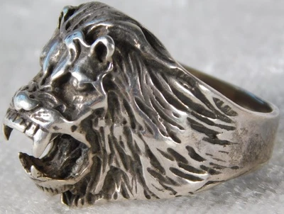 Винтажное большое 3D-кольцо мотоциклиста с головой льва из чистого серебра размер 11 - Изображение 1 из 4