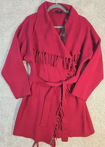Tahari Fringed Cardigan Shawl Collar Belted Wrap Dropped Shoulders Burgundy L - Picture 1 of 15