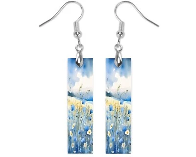 Pendientes, Pendientes Estampados de Flores Silvestres Azules Barra de Madera Joyería Foto 1 de 4