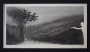 Man offering food to Birds. Mixed media by listed artist Raymond Booth, c1975 - Picture 1 of 11
