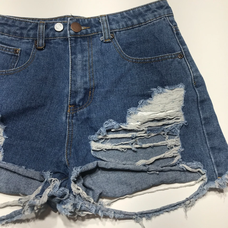 Pantalones Cortos Boohoo Azul Mujer Talla 4 Corte Denim Destruido Rasgado Cintura Alta Foto 1 de 4