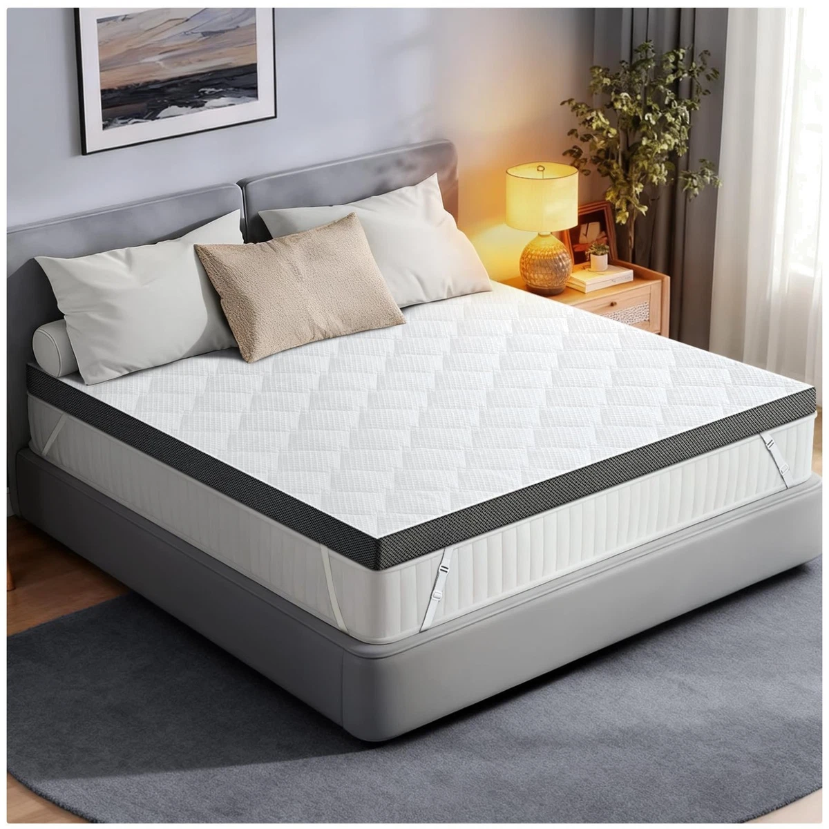 Dream Linens Bamboo Mattress Pad – Double Knit Jacquard Topper With Fitted Skirts (King, White)