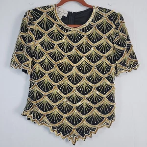 Top formale vintage seta perline orlo asimmetrico taglia nero oro PL anni 80 90 glam - Foto 1 di 7