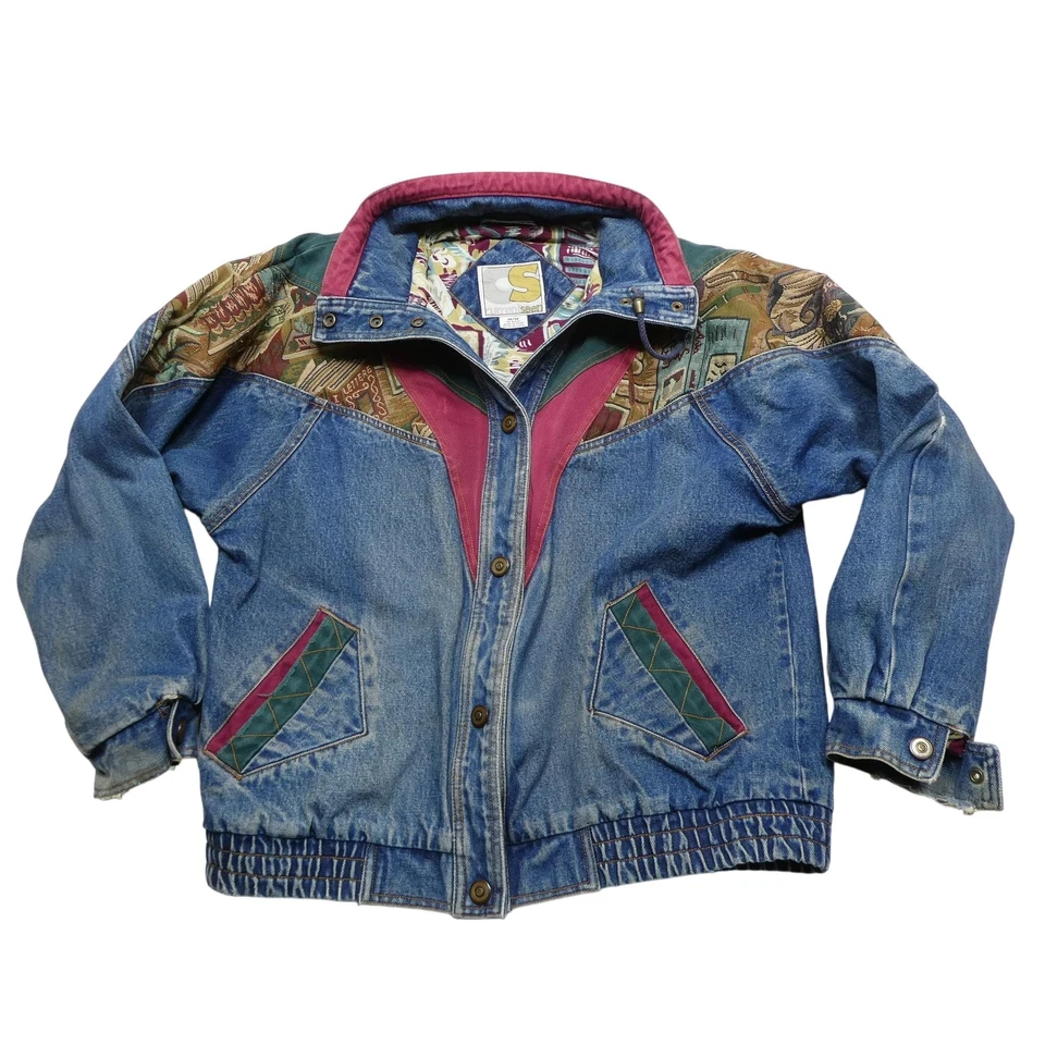 Vintage Current Seen Jacket Mens Medium Denim Colorblock Bomber Southwestern 90s - Image 1 of 4