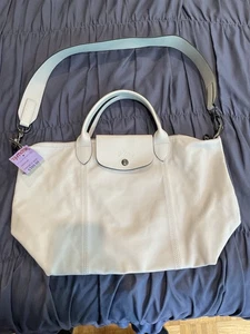 Longchamp 'Le Pilage Cuir' Leather Top Handle Tote Crossbody Shoulder Bag- Gray - Picture 1 of 4