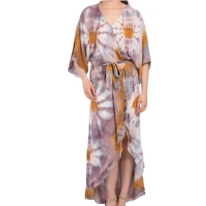 YOUNG FABULOUS & BROKE Tie Dye Kimono Hi Lo Belted Faux Wrap Midi Dress Size XS - Picture 1 of 4