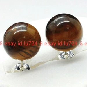 Genuine Natural 10mm African Tiger's Eye Round Gems Beads Silver Stud Earrings - Picture 1 of 12