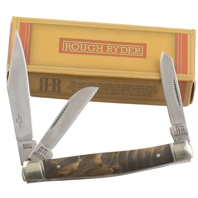 Rough Ryder Light Root Wood Handles Stockman Pocket Knife RR261 3 Folding Blades - Image 1 of 4