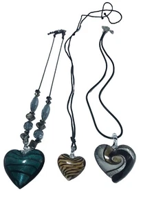 3 Heart Glass Pendant Necklaces Unmarked 18" Chain Mixed Styles See Images - Picture 1 of 11