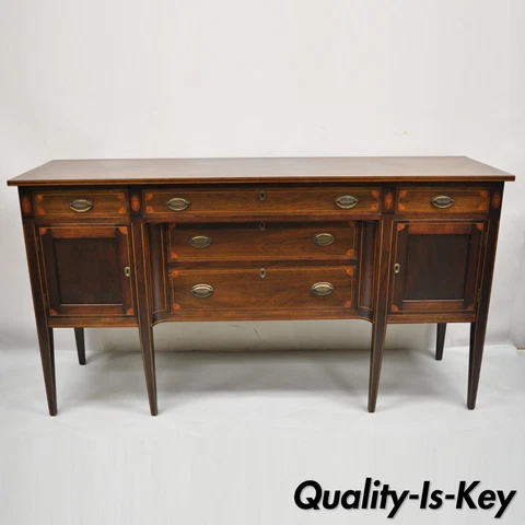 Antique English Edwardian Mahogany Sideboard Buffet with Pinwheel Inlay Cover