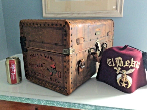 Antique 1877 Masonic Knights Custom Suitcase Chest, M.C.LILLEY CO Columbus, FEZ Cover