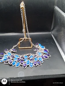 Statement Silver Tone Layered Marquise Blue Stones Pendant Necklace - Picture 1 of 3