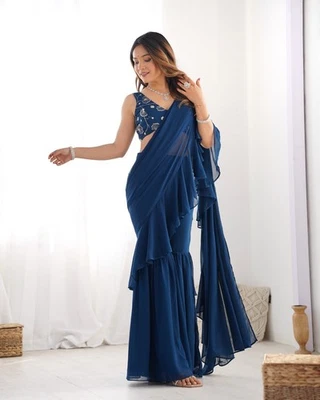 Bollywood Designer Draped Sari Blouse Unstitch Party Wedding Ready To Wear Saree Foto 1 de 4