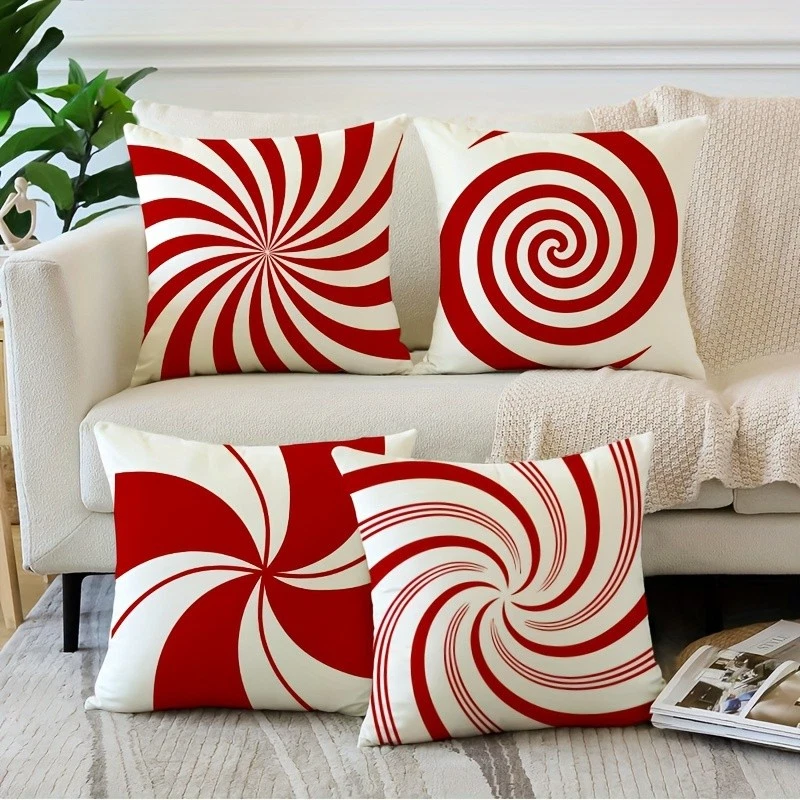 4Pcs Peppermint Candy Pattern Christmas Linen Pillow Case Perfect New Year Gift - Image 1 of 4