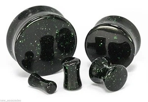PAIR-Glass Goldstone Green Saddle Flare Ear Plugs 16mm/5/8" Gauge - Picture 1 of 3