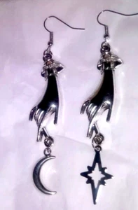 New Hippie Boho Earrings dangle Hand silvertone Moon celestial wicca Jewelry NIB - Picture 1 of 4
