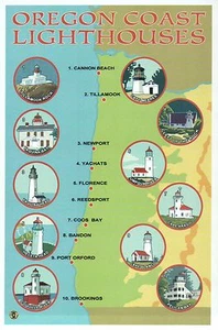 Oregon Coast Lighthouses, Newport, Florence etc - Modern Lighthouse Map Postcard - Picture 1 of 2