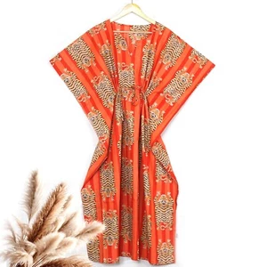 Women's Handmade Cotton Kaftan Tiger Animal Print Loungewear - Picture 1 of 30
