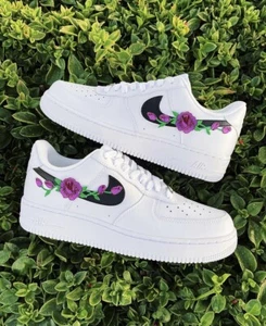 Nike Air Force 1 Custom Purple Rose Floral White Black Shoes Mens Womens Kids - Picture 1 of 12