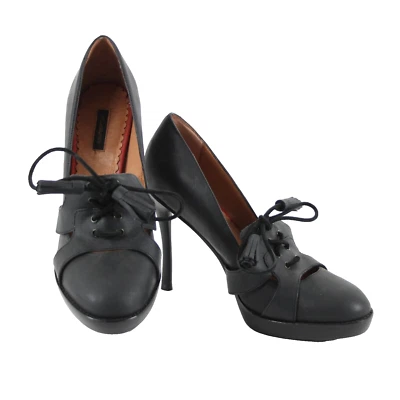 Diesel Black Gold Sz 39 Black Tie Detail Closed Toe Leather 4.5" Heels - Image 1 of 4