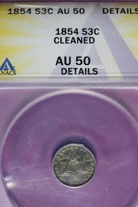 1854 ANACS AU50 DETAILS CLEANED 3 CENT SILVER #B45727 - Picture 1 of 2