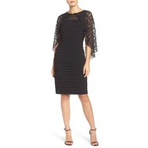 Adrianna Papell Women's Black Sheer Lace Cape Sheath Midi Dress Size 8 - Picture 1 of 11